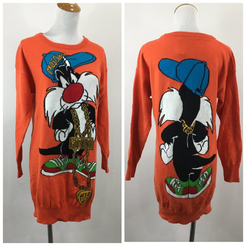 MOSCHINO Couture Milano Sylvester The Cat Looney Tunes Virgin Wool Sweater Dress
